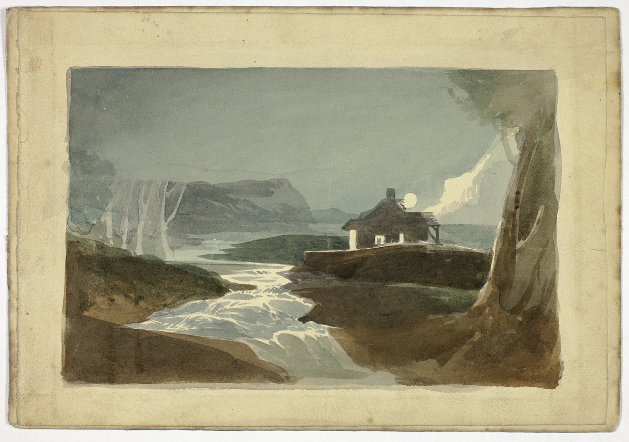 Kuu mökin yllä vesiputouksen äärellä (etusivu); torni ja kaupungin kattorakenteinen talo (kääntöpuoli). tekijältä Unknown artist