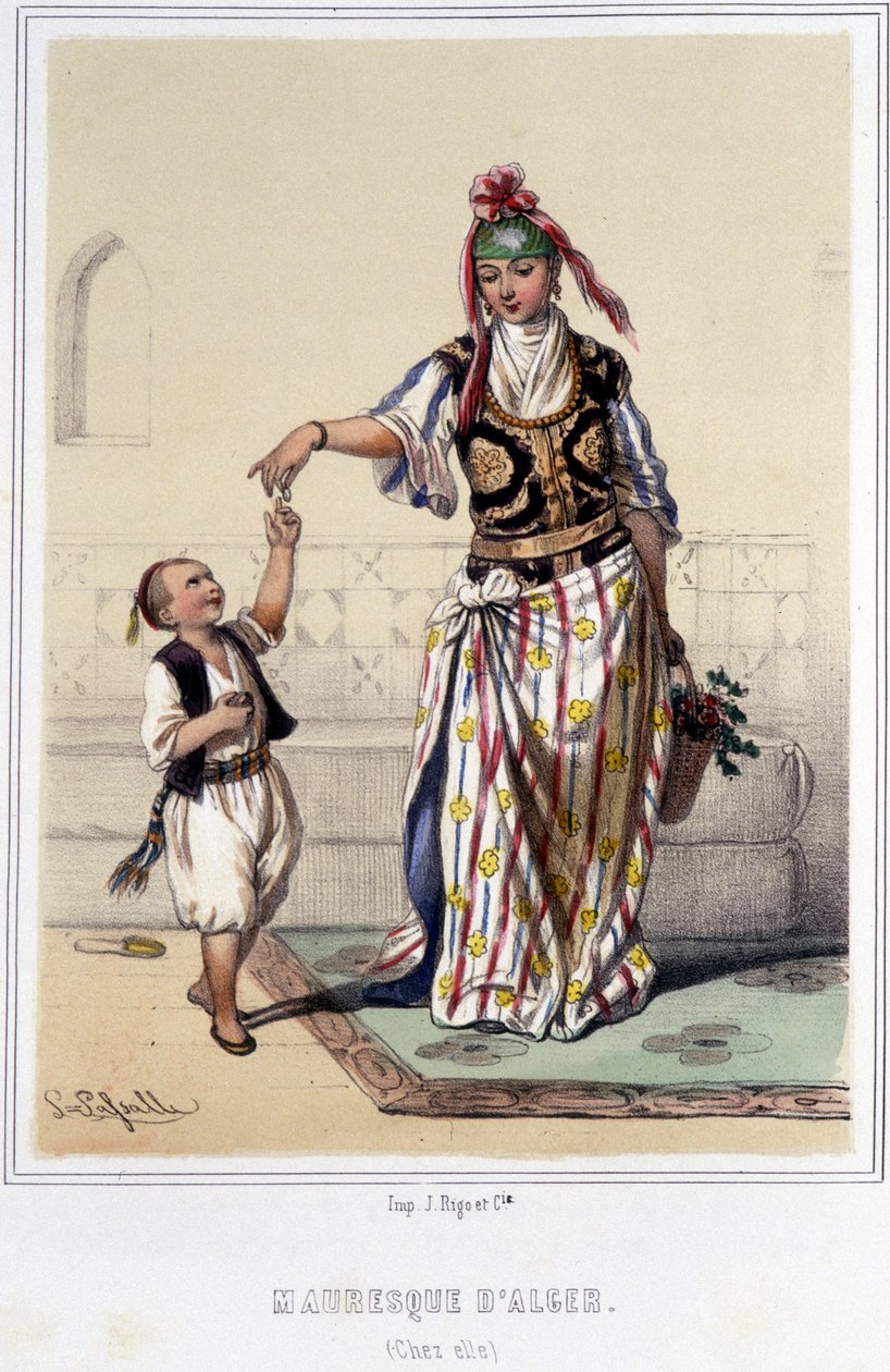 Maurilainen nainen lapsen seurassa kotona Algerissa 1800-luvun jälkipuoliskolla. tekijältä Unknown artist