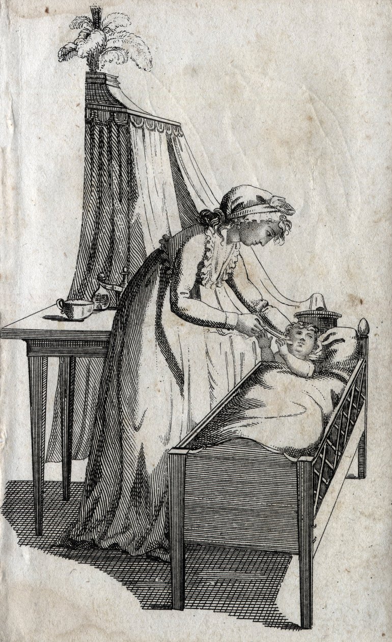 Äiti ja vauva kehdossa. Kaiverrus 1700-luvun lopulla. Yksityinen kokoelma. tekijältä Unknown artist