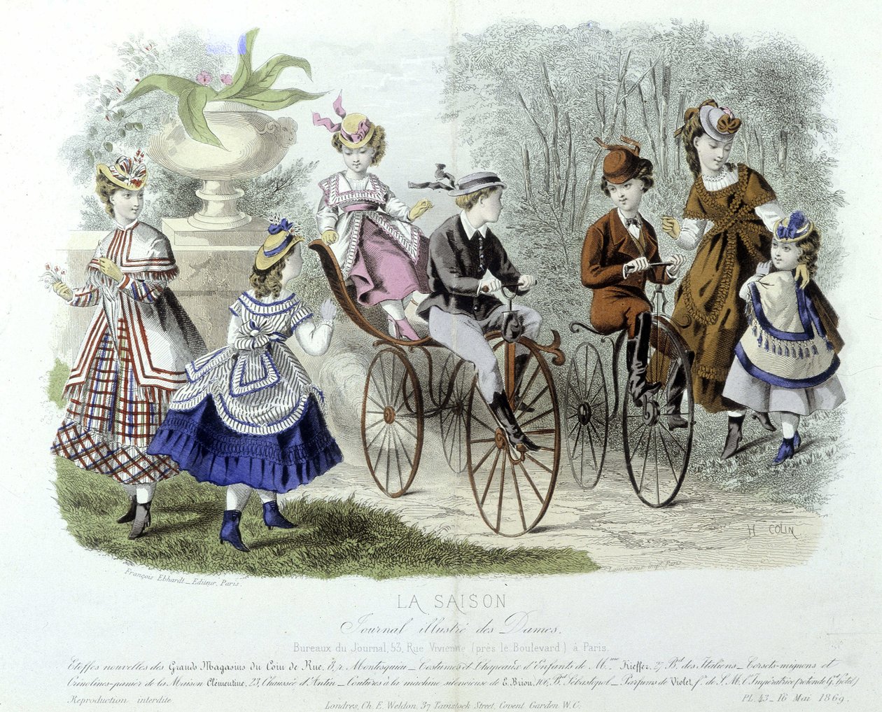 Äidit, lapset ja polkupyörät päiväkodissa (lastenmuoti) - "" Le journal illustré des dames" -lehdessä tekijältä Unknown artist