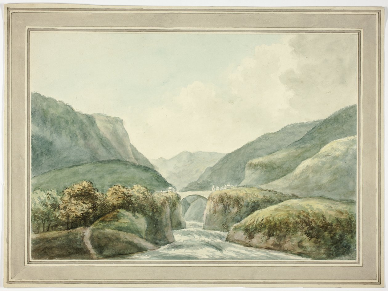 Vuoristokaupunki sillalla, joka ylittää kosket tekijältä Unknown artist