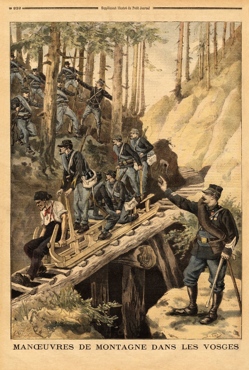 Alppimetsästäjien pataljoonan vuoristoharjoitus Vosgesissa, jossa pyydetään schlitteä, rekiä hakkuutyöhön. Kaiverrus "" Le petit Journal" -lehdessä 19/07/1896. Selvan kokoelma. tekijältä Unknown artist