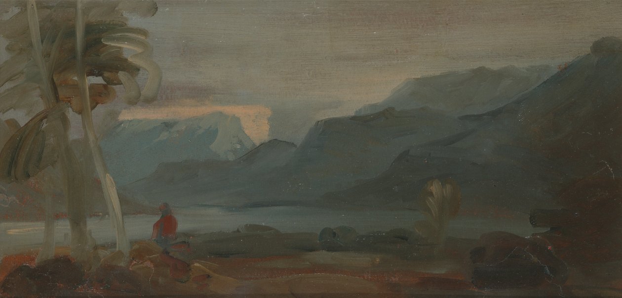 Vuoristoinen maisema hahmoilla ja karjalla tekijältä Unknown artist