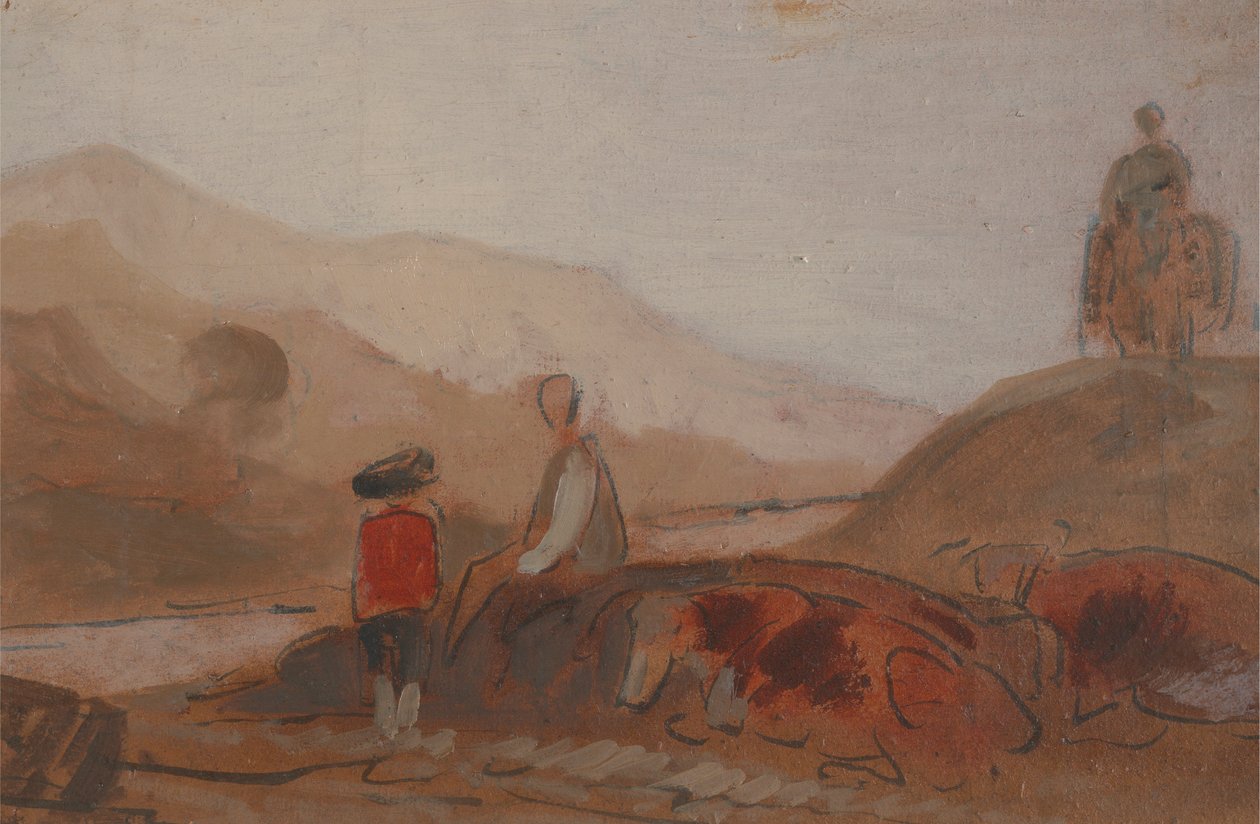 Vuoristoinen maisema hahmoineen järven rannalla tekijältä Unknown artist