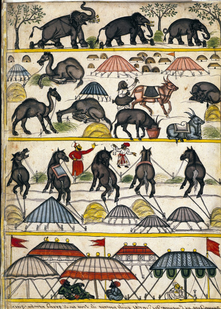 Mughalin sotilasleiri. Sivu käsikirjoituksesta (ms.8300) "" History of Mogol"" (Moghul tai Moghol), kirjoittanut Stefano Nivibus Cardeira. 1700-luvulla. Bibloteca marciana, Venetsia tekijältä Unknown artist