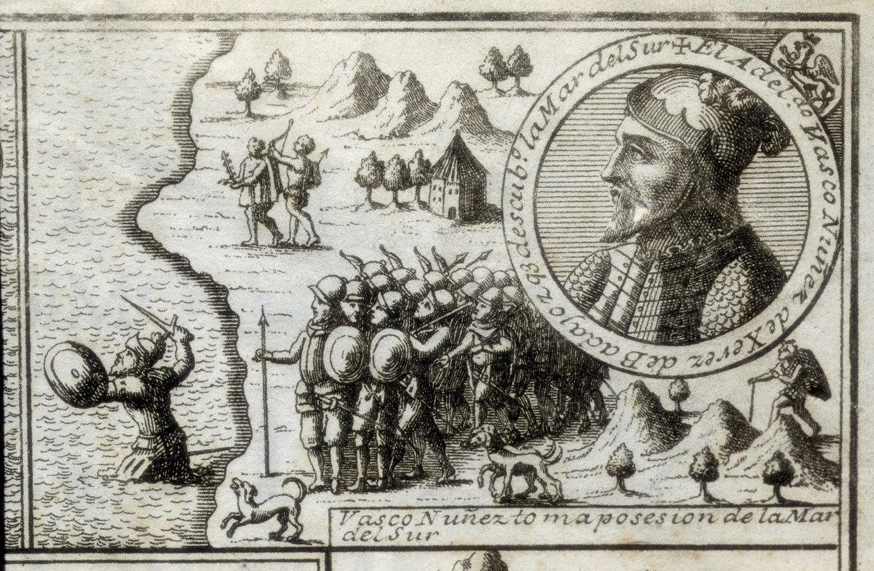 NUNEZ DE BALBOA, Vasco (1475-1517). Englantilainen löytöretkeilijä ja valloittaja. Espanja. Espanjan siirtomaavaltaistaminen (1513). Vasco Nunez ottaa haltuunsa Etelämeren. Kuva vuodelta 1728. Kaiverrus. tekijältä Unknown artist