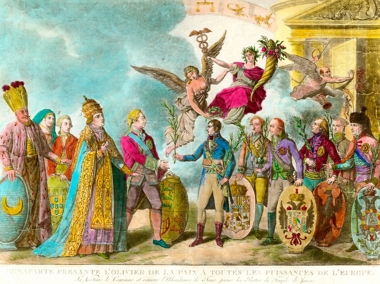 Napoleon Bonaparte (1769-1821) esittelee rauhan oliivipuun kaikille Euroopan maille. Kaiverrus 1801 Yksityinen kokoelma tekijältä Unknown artist