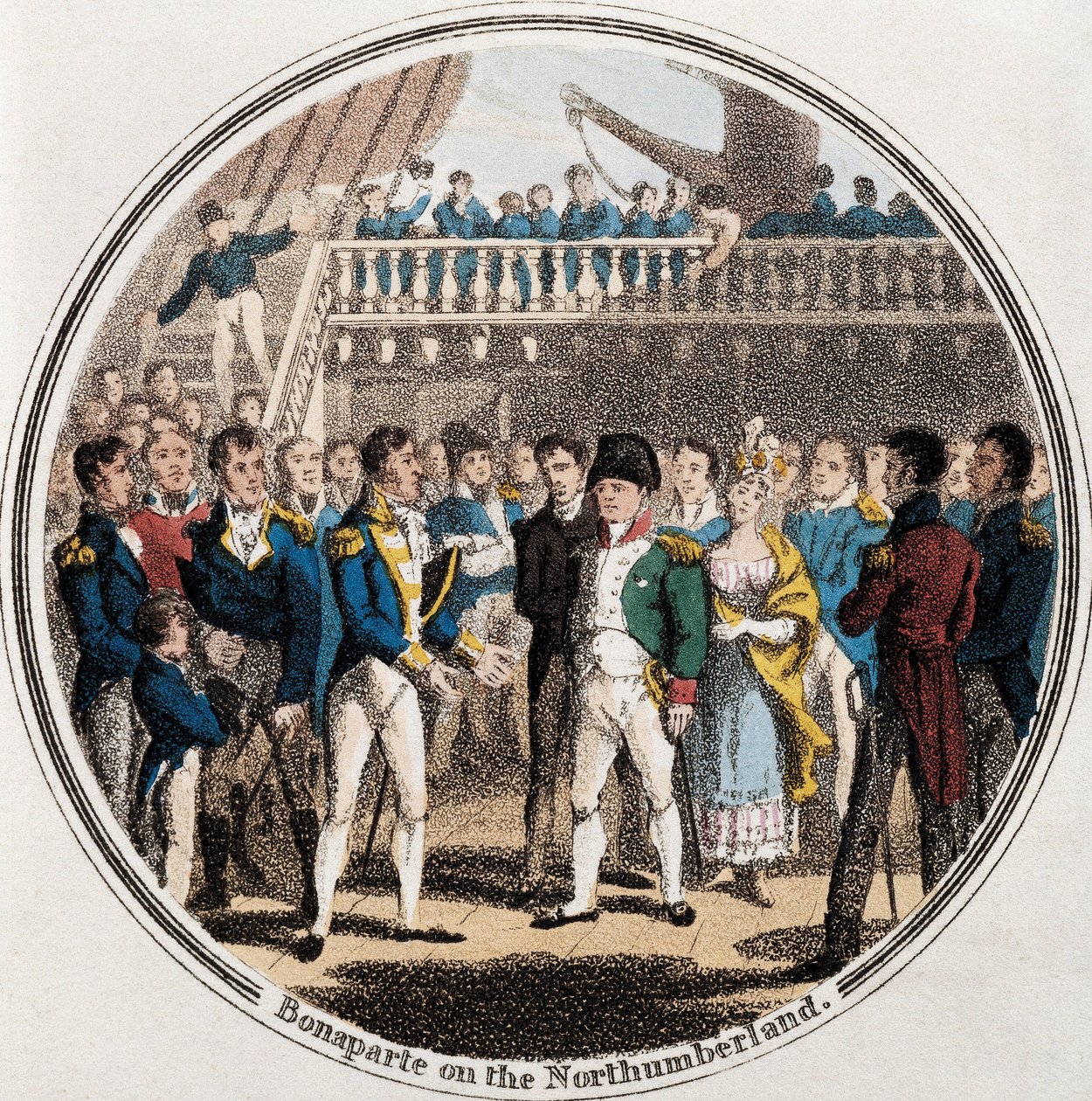 Napoleon Bonaparte ja englantilainen amiraali George Cockburn Northumberlandissa mukana Madame Bertrand (värilitho) tekijältä Unknown artist