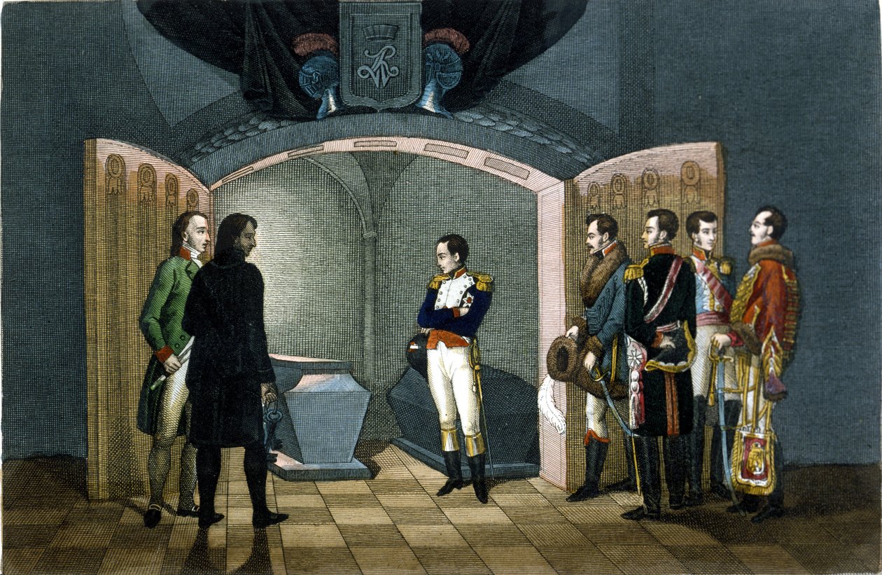 Napoleon Bonaparte Frederick II:n Preussin haudan edessä. tekijältä Unknown artist