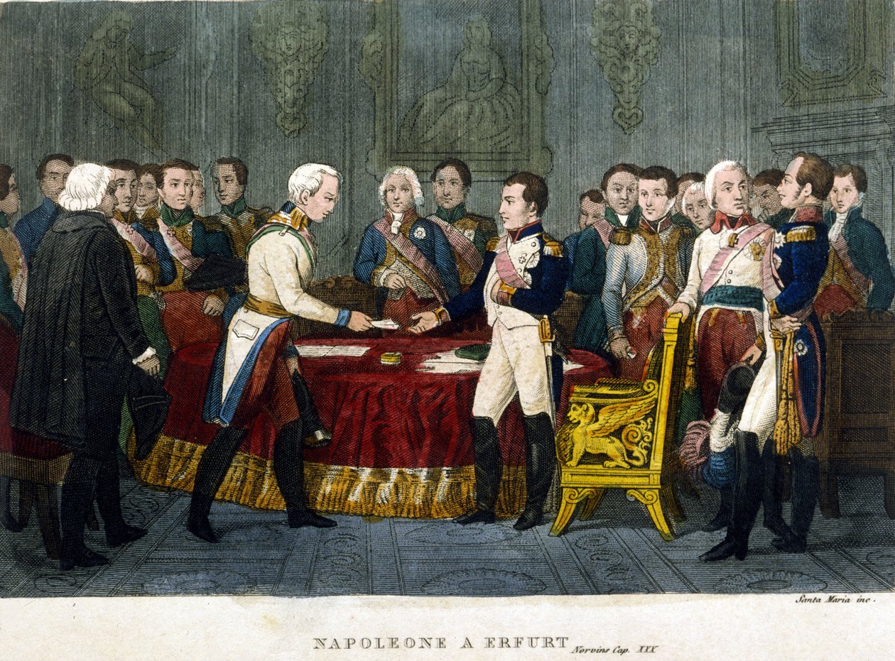Napoleon I (1769 - 1821) tapasi Aleksanteri I:n Erfurtissa vuonna 1808. tekijältä Unknown artist