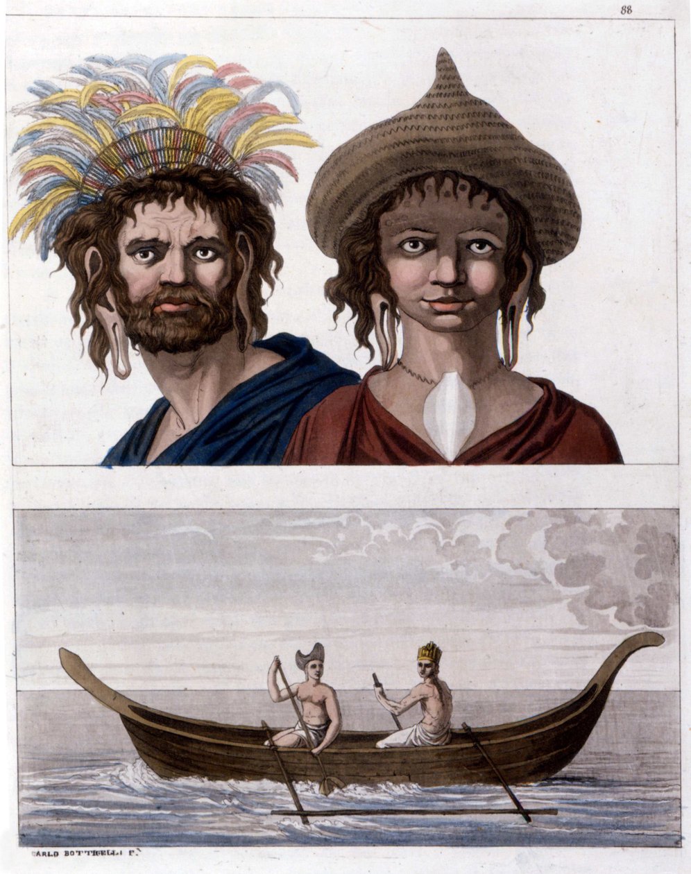 Kotoisin Pääsiäissaarelta (Rapa Nui) Polynesiassa, Long Ears -klaanin jäseniä. Alakerrassa yksi heidän veneestään. - Jules Ferrarion teoksessa "The Old and Modern Costume"" tekijältä Unknown artist