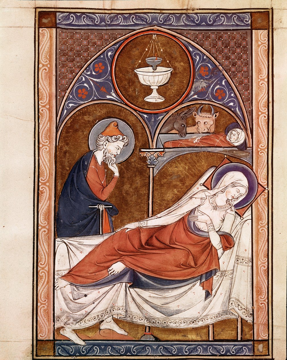 Syntymä: Neitsyt Mariaa on esitetty täällä makaamassa sängyllä Sivu otettu käsikirjoituksesta "" Psalterium Cum Calendario"" 1200-luvun Padova, seminaarin biblioteekki tekijältä Unknown artist