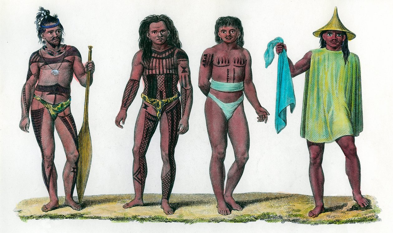 Uros Penelopen ja Aouarin luonnolliset saaret, Oseanian mantereen väestö. 1700-luvun kaiverrus. Yksityinen kokoelma. tekijältä Unknown artist