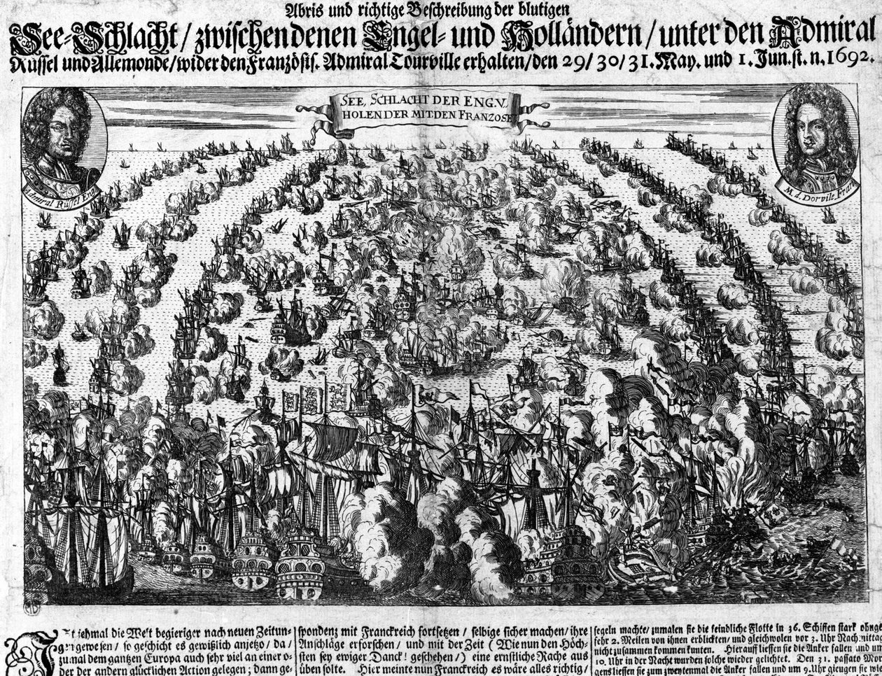 La Houguen meritaistelu (1692), joka vastusti Ludvig XIV:n armeijaa Hollantiin. Kaiverrus. 1700-luvulla. tekijältä Unknown artist