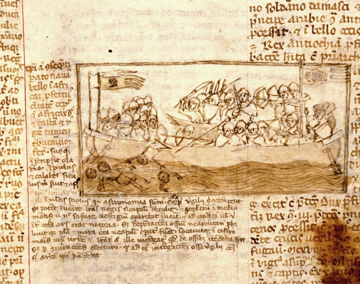 Meritaistelu saraseenien ja ristiretkeläisten välillä vuonna 1120. Käsikirjoituksen ""Pyhiinvaellus pyhään maahan"" mukaan 1100-luvulta. Marciana, Venetsia. tekijältä Unknown artist