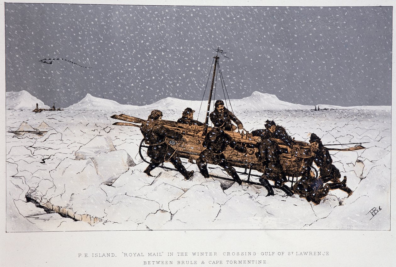 Lähellä jokea, St. Lawrence -lahti: vene reessä, lähellä Brulea ja Cape Tormentiniä - "" Luonnokset kanadalaisista urheilu- ja ajanvietteistä", kirjoittaja Lieut. Henry Buckton Laurence tekijältä Unknown artist