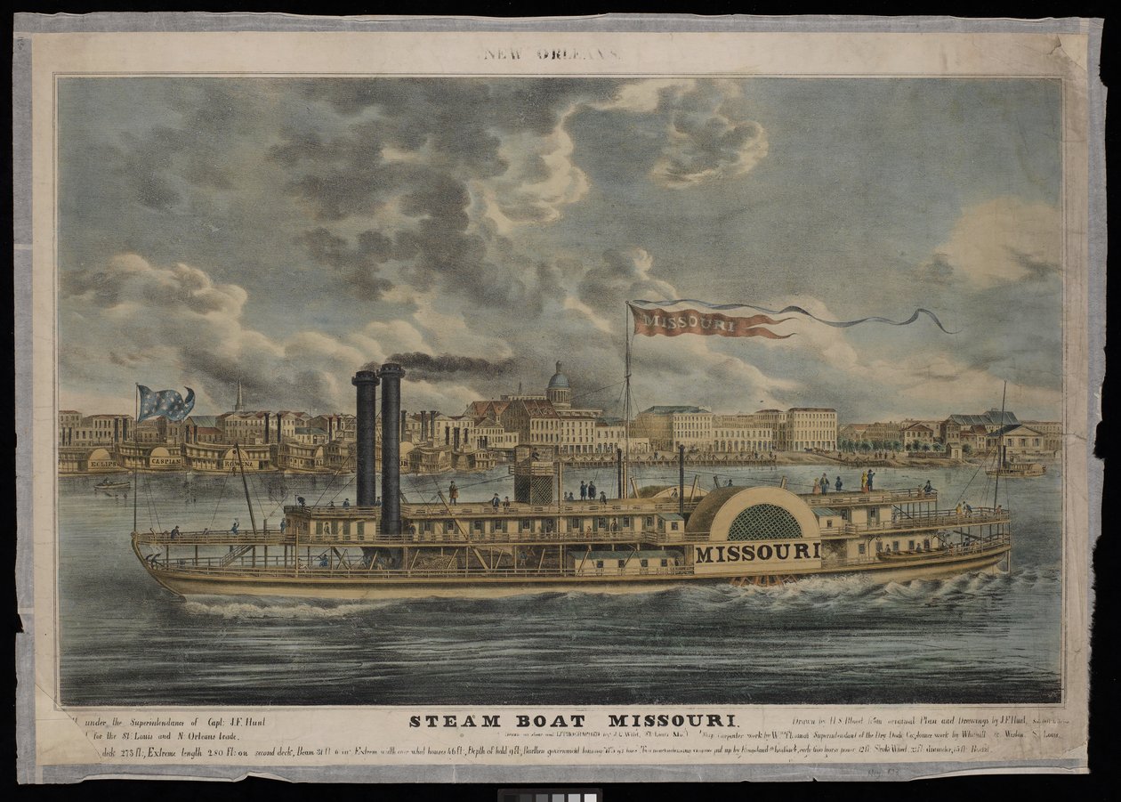 New Orleans. Höyrylaiva Missouri (litografia, värillinen) tekijältä Unknown artist