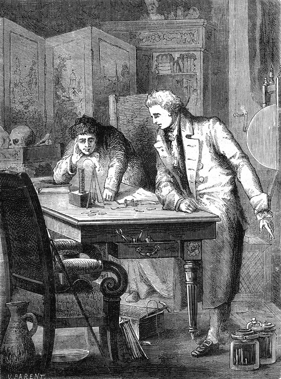 Nicholson ja Carlisle hajottavat vettä Voltan akun avulla, Lontoo 2. toukokuuta 1800. tekijältä Unknown artist