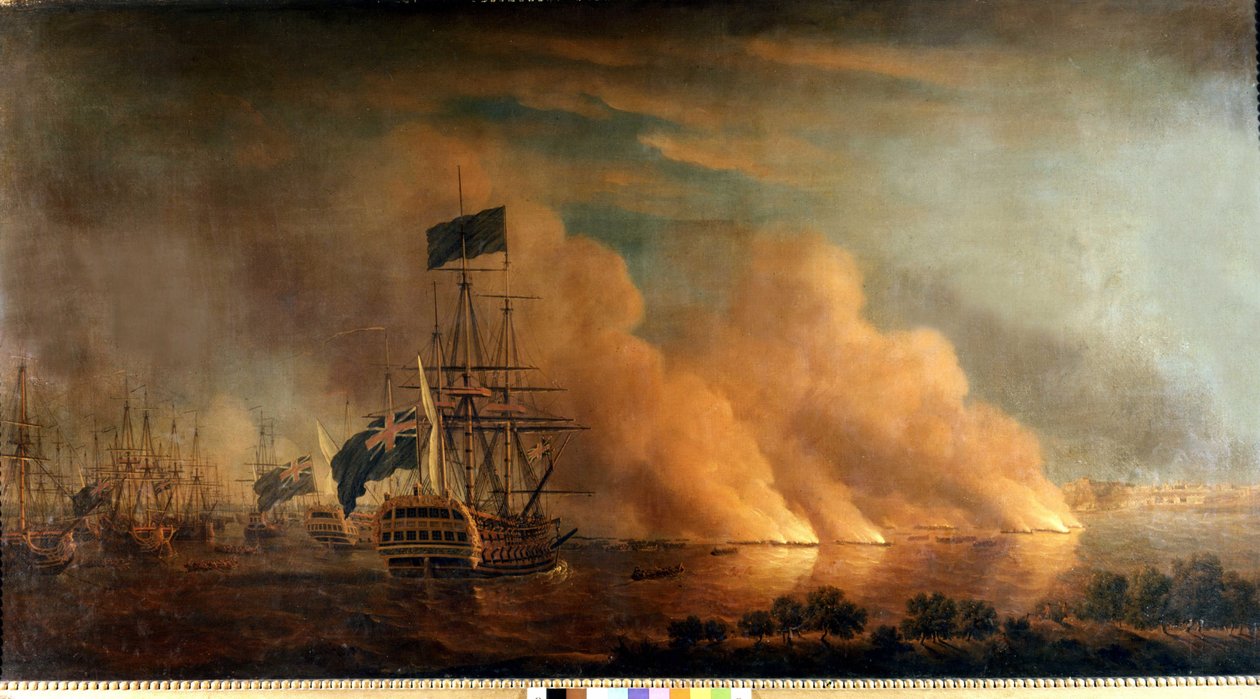 Ranskalaisten brulottien yöhyökkäys englantilaista laivastoa vastaan Quebecin satamassa: englantilaiset ottivat 28.6.1759. Maalaus. tekijältä Unknown artist