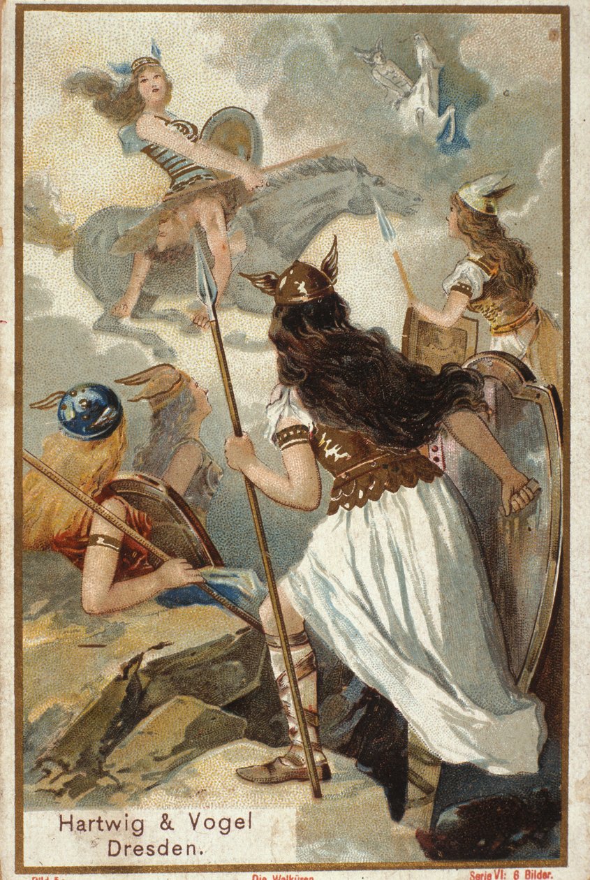 Pohjoismainen mytologia: Walkyries (neitsytsoturit) Valhollissa (tai Walhalla, Valhalla, Valhalle: paikka, johon rohkeat soturit tuodaan) ja soturien kaatuminen taistelussa. kromolitografia 1800-luvulta tekijältä Unknown artist