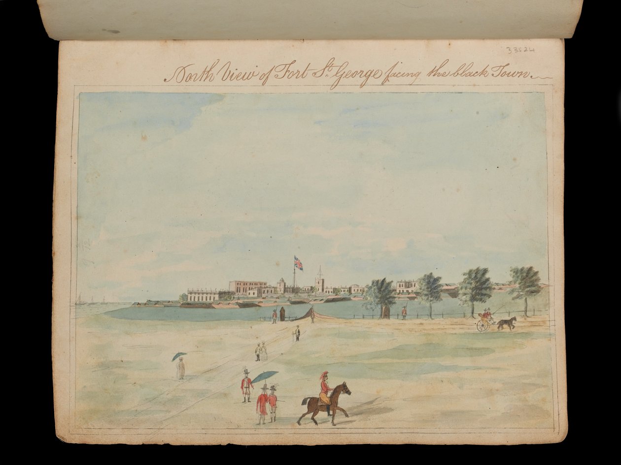 Pohjoinen näkymä Fort St Georgesta mustaa kaupunkia päin, n. 1800 (akvarelli) tekijältä Unknown artist