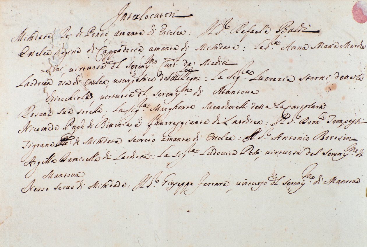 Muistiinpanot Giuseppe Aldrovandinin Mithridate-oopperan (1706) näyttämöstä tekijältä Unknown artist