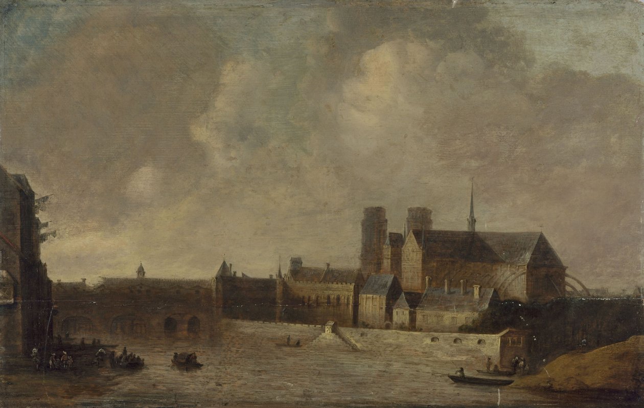 Notre-Dame ja arkkipiispan palatsi Quai de la Tournelle -kadulta katsottuna, noin 1640, nykyinen 4. arrondissement, vuosien 1635 ja 1645 välillä (öljy puulle). tekijältä Unknown artist