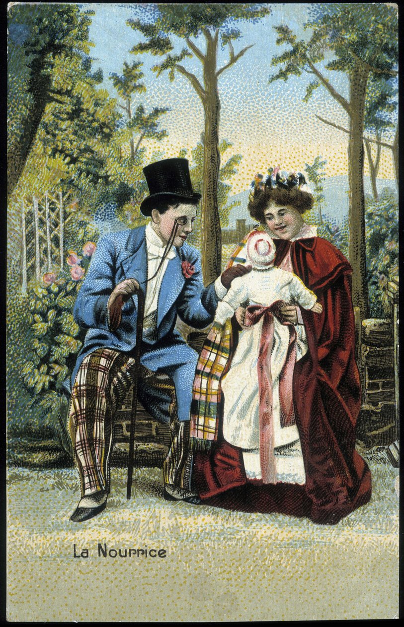 Sairaanhoitaja vauvan kanssa keskustelemassa miehen kanssa puistossa - kromo., 1800-luvun loppu tekijältä Unknown artist