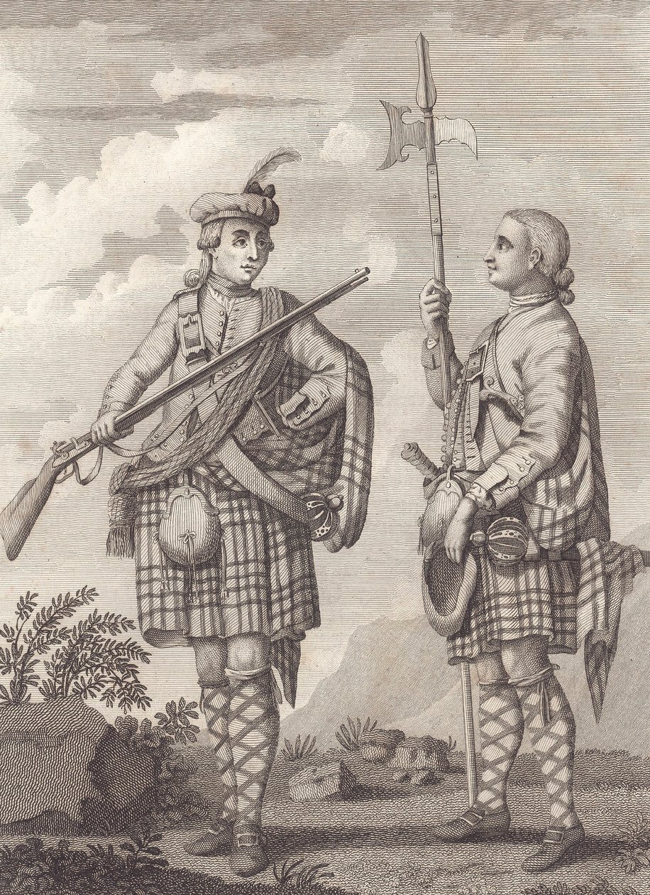 Upseeri (vasemmalla) ja kersantti 42. Highlandersista – Black Watchista – n. 1750 (kaiverrus) tekijältä Unknown artist