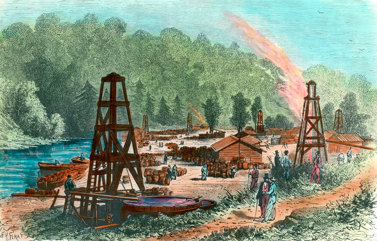 Öljylähteet Tarr Farmilla Pennsylvaniassa, Yhdysvalloissa. Kaiverrus 1800-luvulta. Yksityinen kokoelma tekijältä Unknown artist