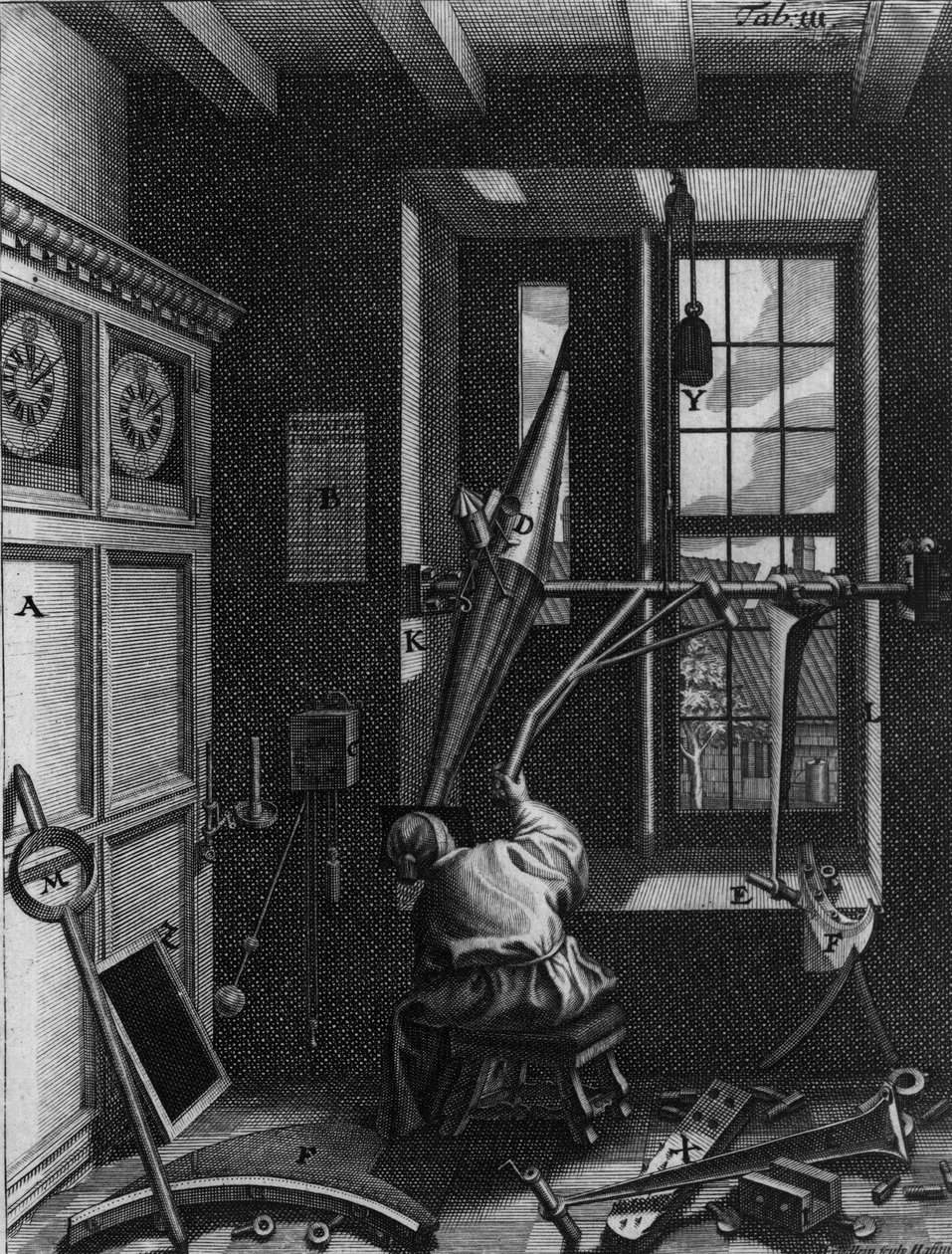 Olaus Romer (Ole), tanskalainen tähtitieteilijä (1644-1710) tarkkailee Jupiterin satelliittien pimennystä tekijältä Unknown artist