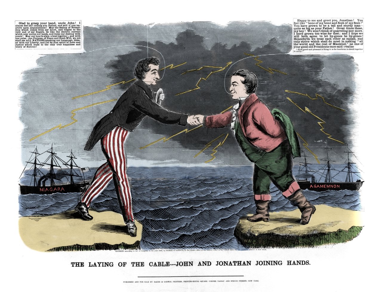 17.8.1858 vaihdettiin ensimmäinen transatlanttinen viesti: kaksi allegorista hahmoa, jotka edustavat Johnia (Englanti) ja Jonathania (Yhdysvallat), onnittelivat toisiaan Euroopan ja Uuden maailman välisen vedenalaisen kaapelin katkaisun onnistumisesta. tak tekijältä Unknown artist