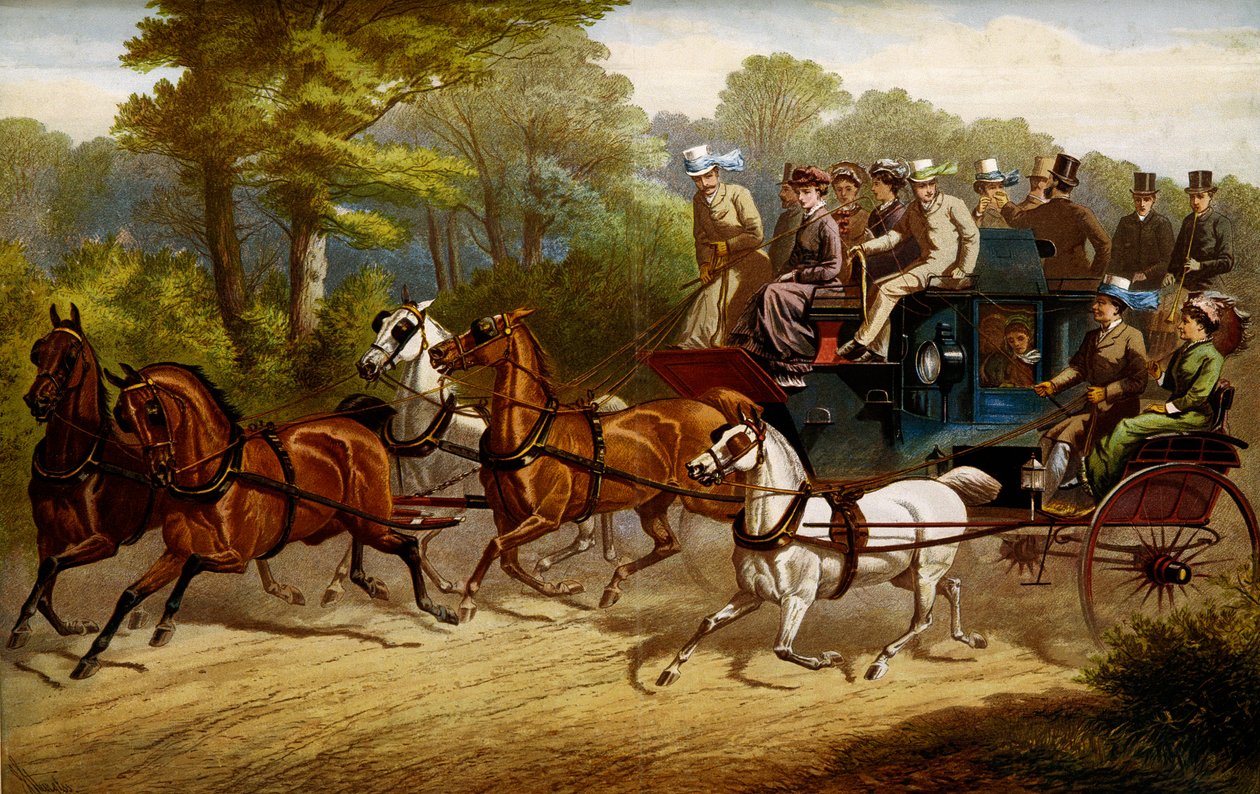 Matkalla derbyyn. Fiacre ja omnibus hevosten vetämässä derbyssä tekijältä Unknown artist