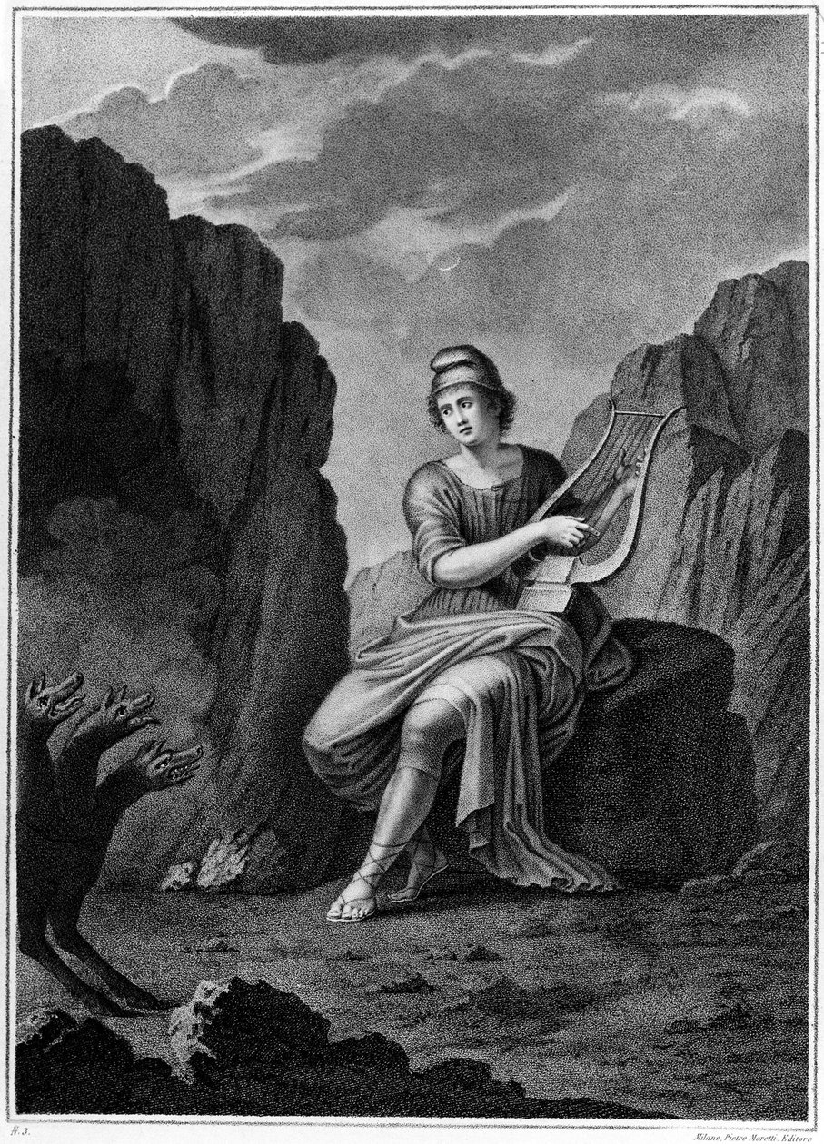 Orpheus alamaailman sisäänkäynnissä tapaa Cerberuksen. Litografia. 1800-luvulla tekijältä Unknown artist