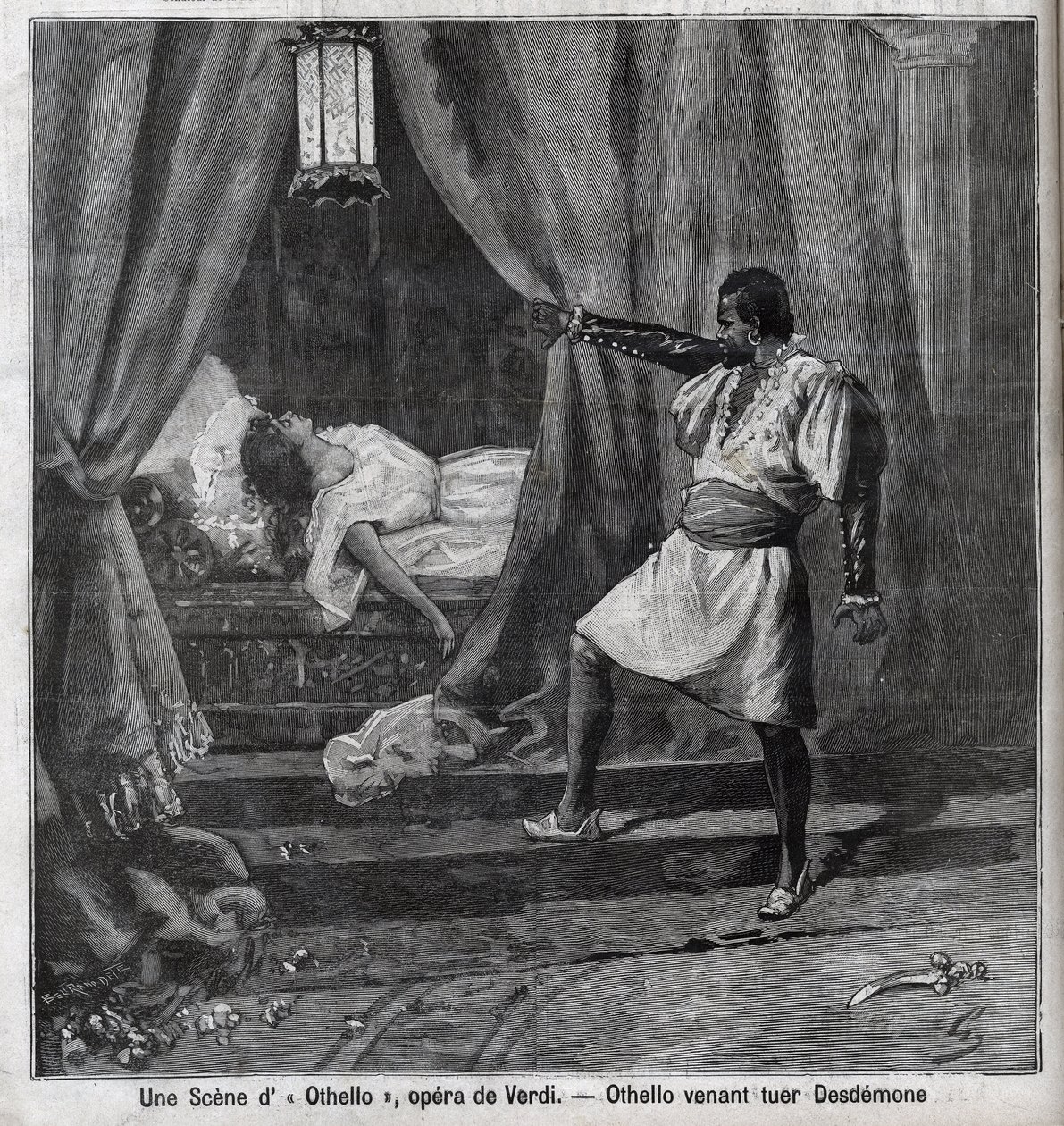 Othello tappoi juuri Desdemonan sängyssään. Kohtaus Giuseppe Verdin (1813-1901) ooppera "" Othello" -kaiverrus "" Le Parisien"" tekijältä Unknown artist