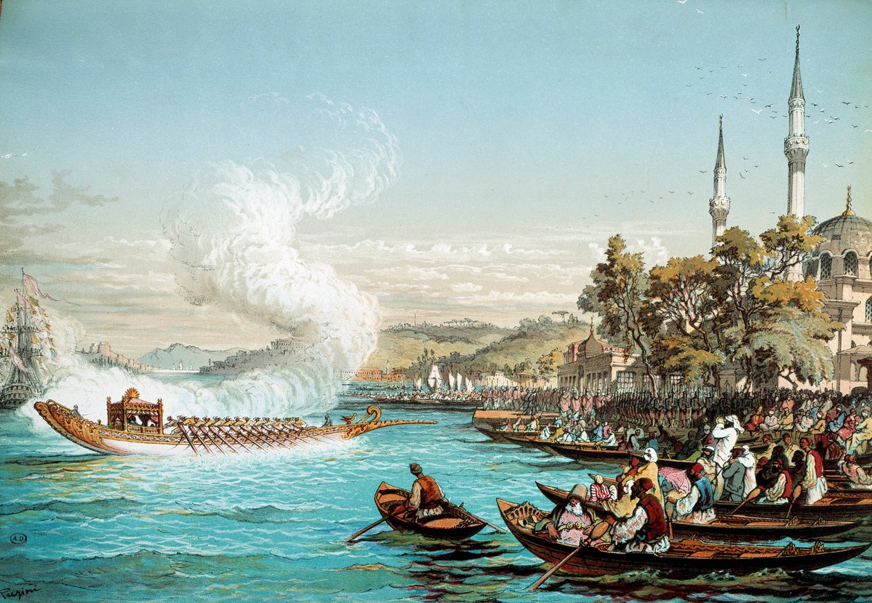Ottomaanien valtakunta: merenkulkujuhla Konstantinopolissa. 1800-luvun litografia. Koristetaiteen kirjasto, Pariisi tekijältä Unknown artist