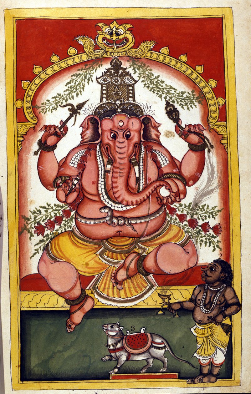 Sivu, joka kuvaa hindujumalaisuutta Ganeshaa (Ganesh tai Ganapati), kauppiaiden, matkailijoiden ja varkaiden suojelijaa. Sivu otettu käsikirjoituksesta (ms.8300) "" History of Mogol"" (Moghul tai Moghol), kirjoittanut Stefano Nivibus Cardeira. 1700-luvulla tekijältä Unknown artist