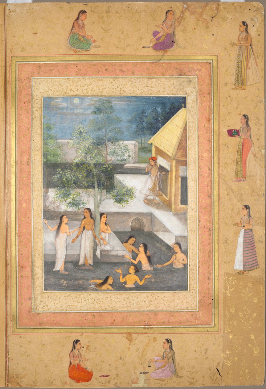Sivu Late Shah Jahan -albumilta: Harem Night-Bathing Scene (recto) tekijältä Unknown artist