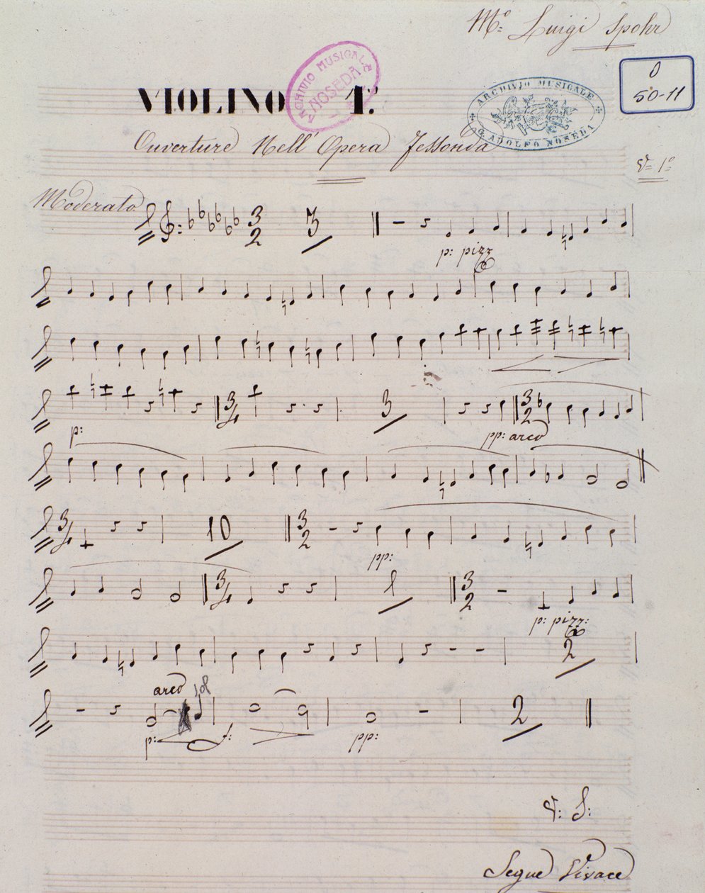 Sivu musiikillisen nuotion ensimmäiselle viululle Louis Spohrin oopperan Jessonda alkusoitossa tekijältä Unknown artist