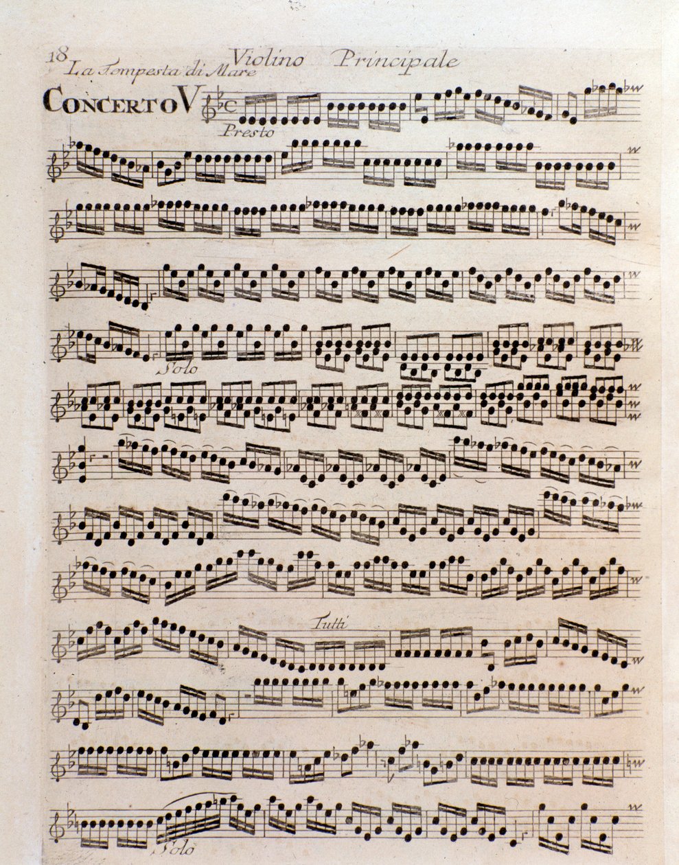 Viulun partituurin sivu konsertissa V vuonna Antonio Vivaldin harmonian ja keksinnön koe tekijältä Unknown artist