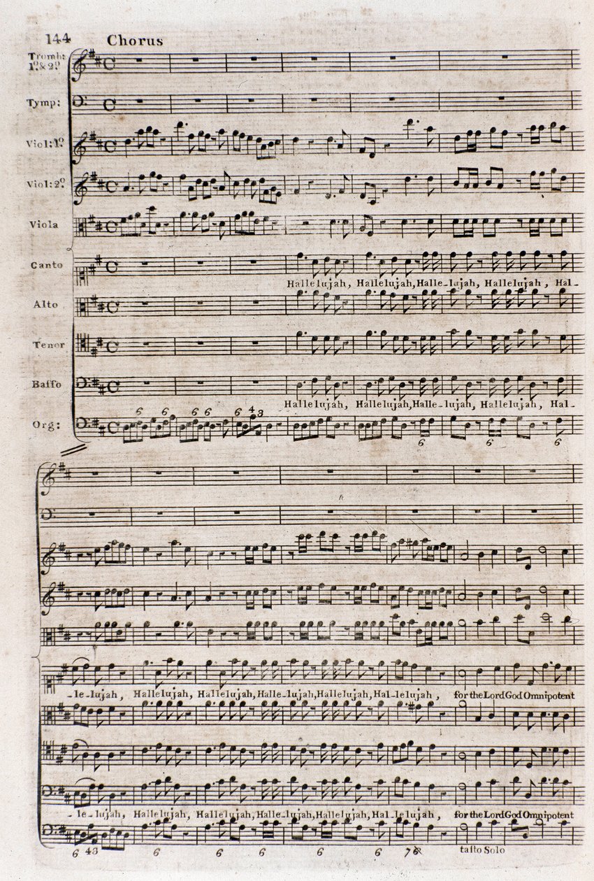 Sivu kuoron "" Hallelujah"" partituurista "Messias"" (Messias) naturalisoituneen englantilaisen saksalaisen säveltäjän George Frederick Handelin (Georg Friedrich Handel) tekijältä Unknown artist