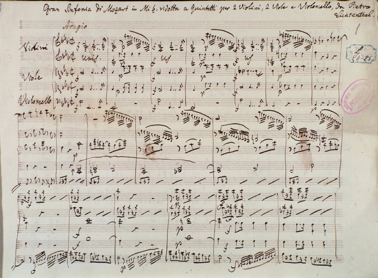 Sivu nuottien kappaleesta Symphony concertante viululle ja alttoviululle E-kortilla, Mozart, Lichtenthal-versio tekijältä Unknown artist