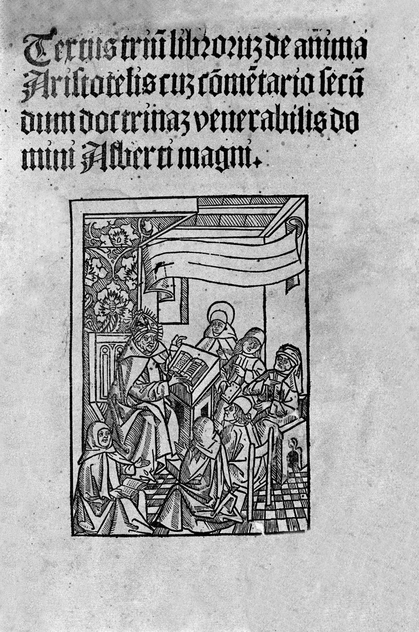 Albert Suuren (1200-luvulla) kommentoiman kreikkalaisen filosofin Aristoteleen (384-322 eKr.) ”” De Anima”” (Sielusta) kolmannen osan sivu. 1520 tekijältä Unknown artist