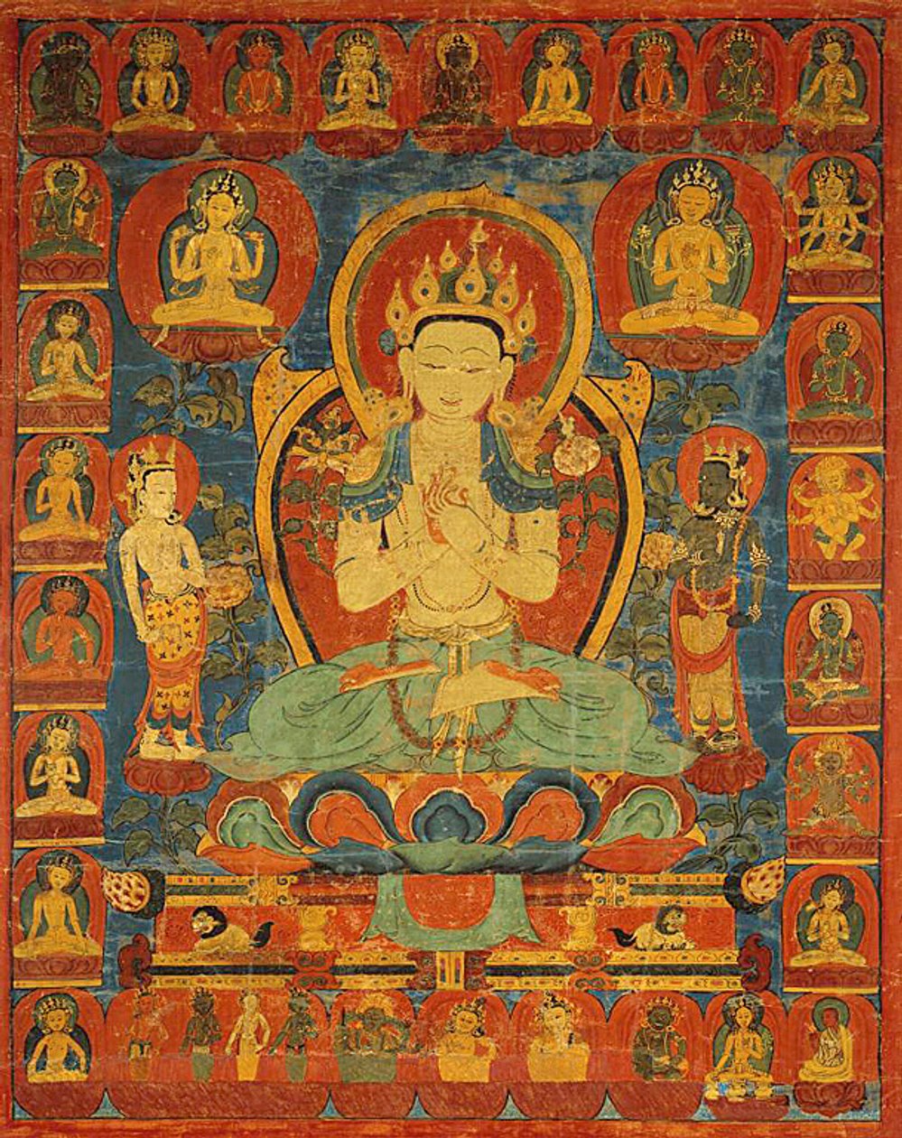 Maalattu bodhisattva Maitreyan banderolli (Thangka) hänen seurueensa ympäröimänä. tekijältä Unknown artist