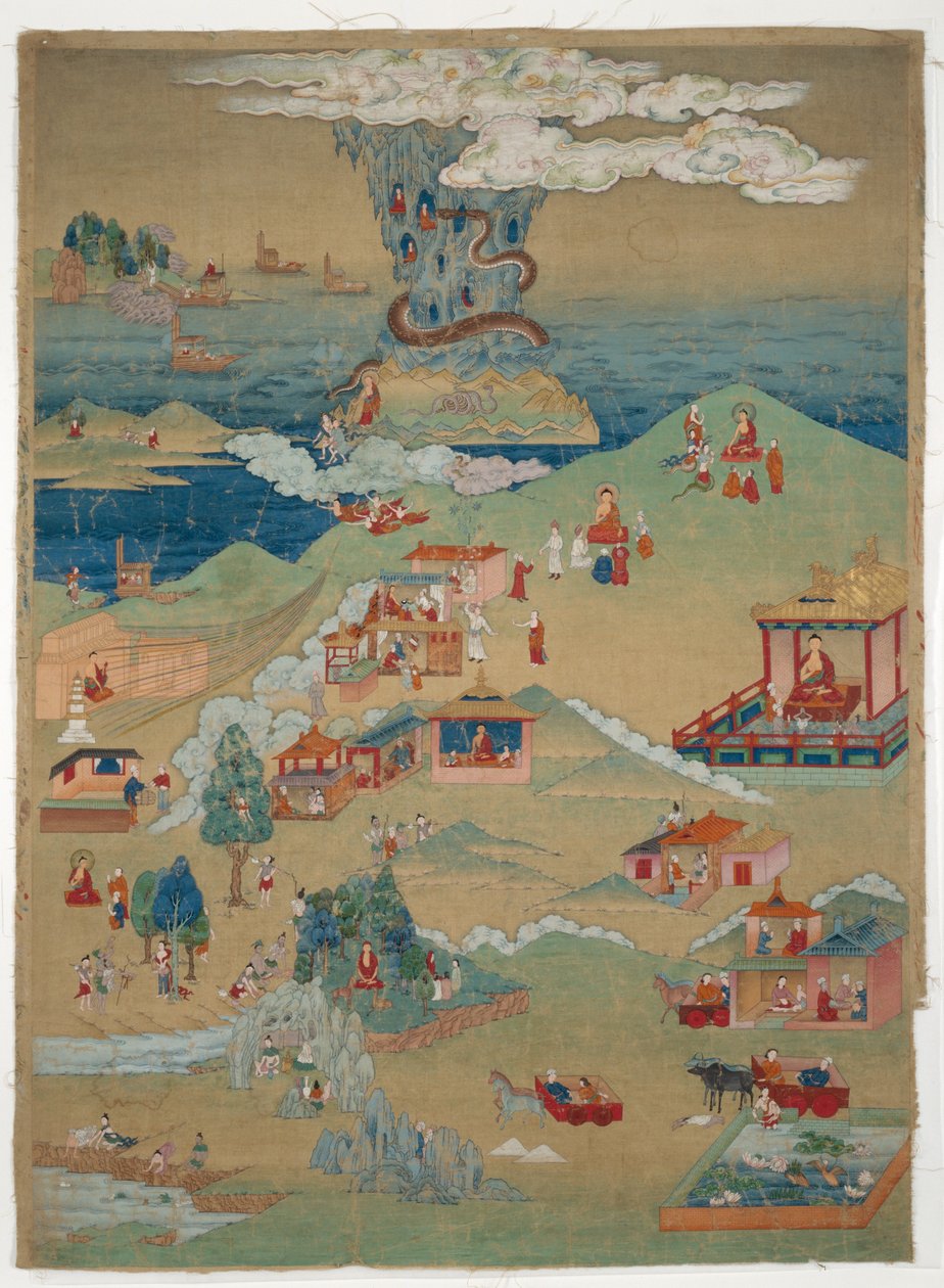 Maalattu banneri (Thangka) viidestä moraalitarinasta Avadana Kalpalata Jatakasta. tekijältä Unknown artist