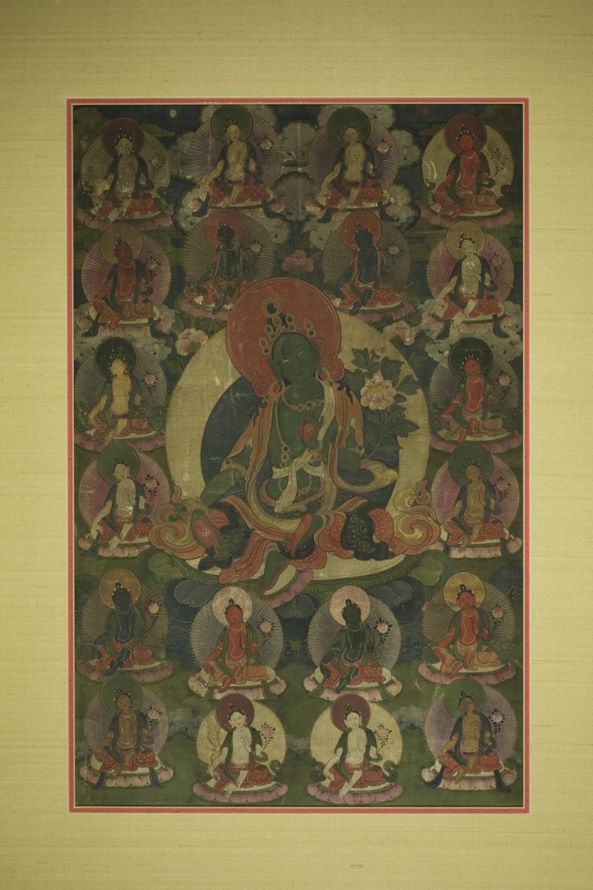 Vihreän Taran maalattu banneri (Thangka), jota ympäröi kaksikymmentä ilmentymää. tekijältä Unknown artist