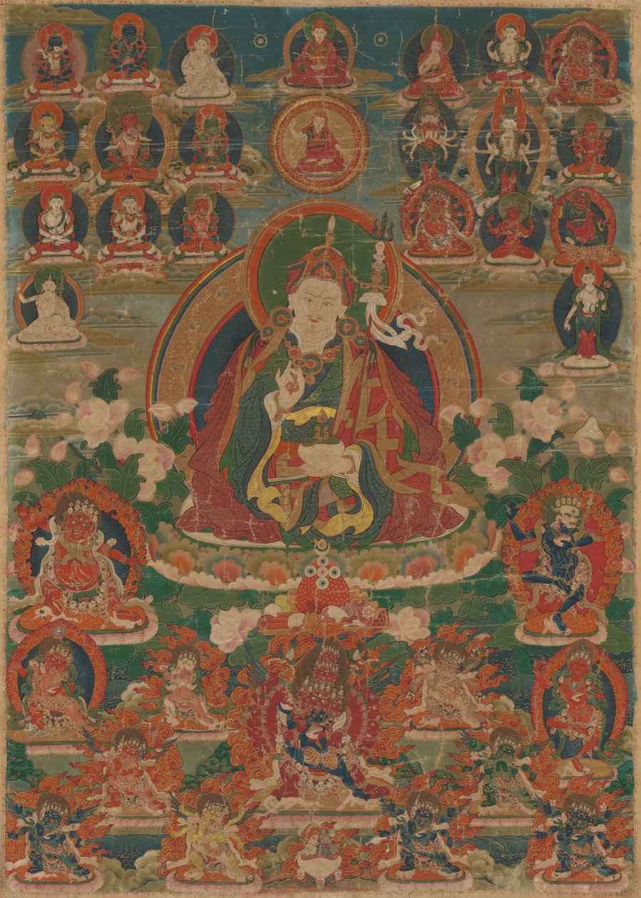 Maalattu banneri (Thangka), jossa istuu tietäjä Guru Padmasambhava pitelemässä salamaa (Vajra) ja kallokuppia (Kapala). tekijältä Unknown artist