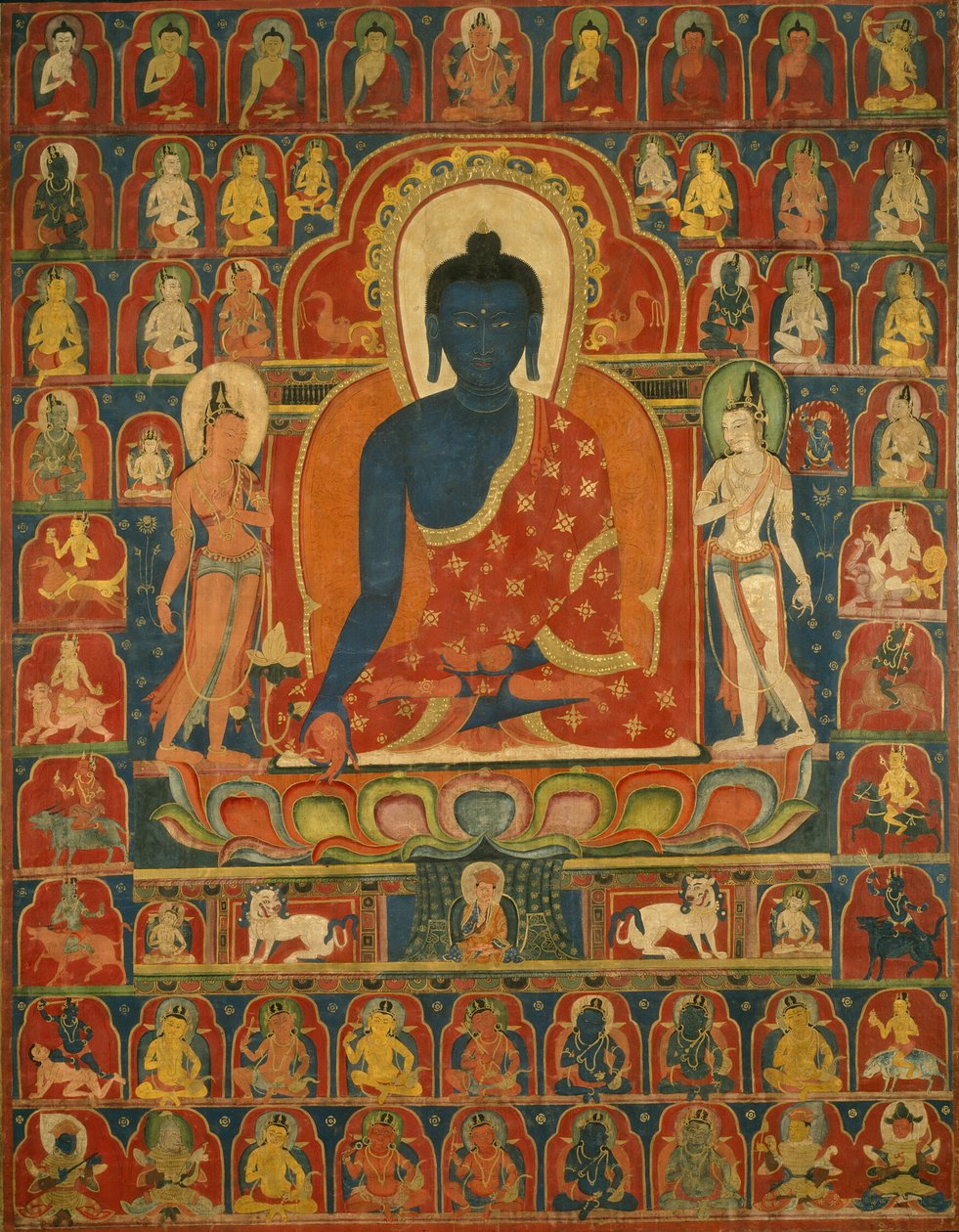 Maalattu banneri (Thangka), jossa on lääketiede-Buddha (Bhaishajyaguru). tekijältä Unknown artist