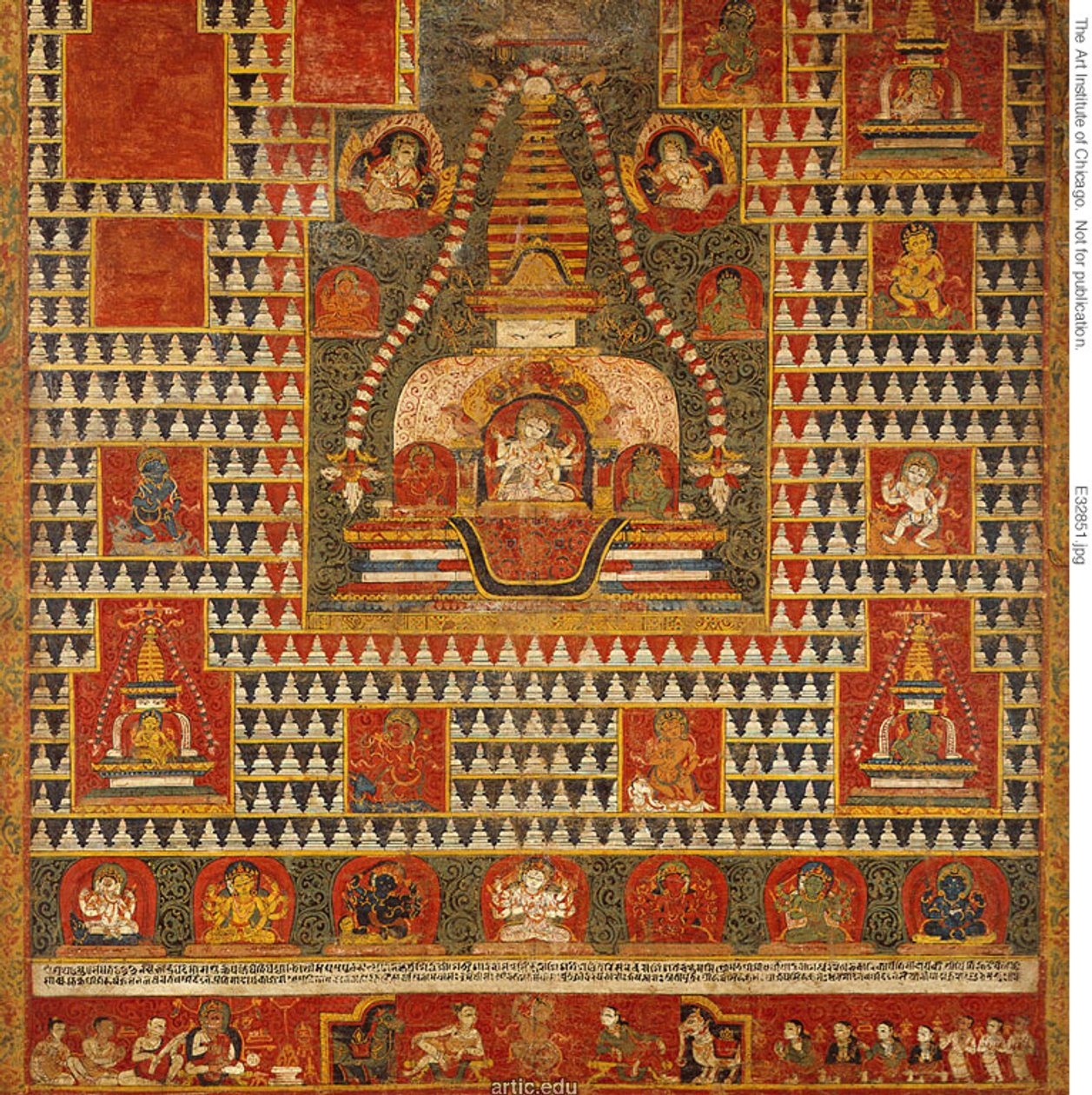 Ushnishavijayan jumalattaren maalattu banneri (paubha) hautakummun (chaitya) sisällä ja Chaityojen ympäröimänä. tekijältä Unknown artist
