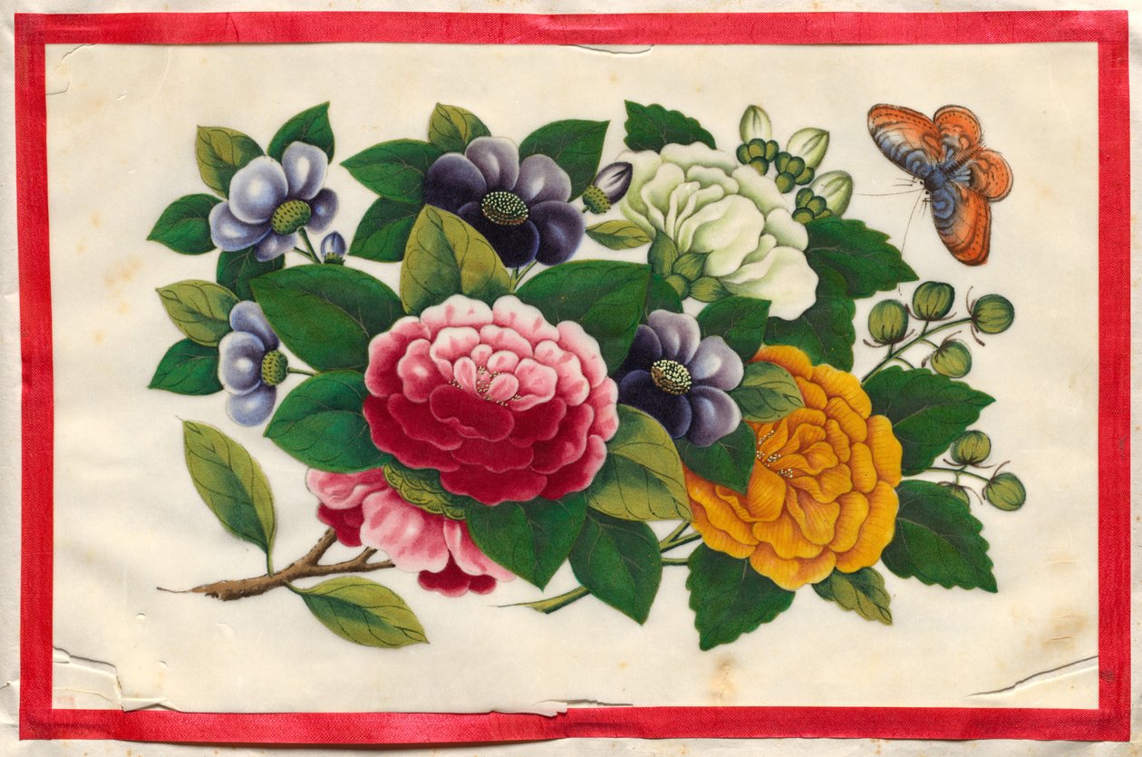 Maalaus Kolme kuvitettu kirja kukkia ja perhosia tekijältä Unknown artist